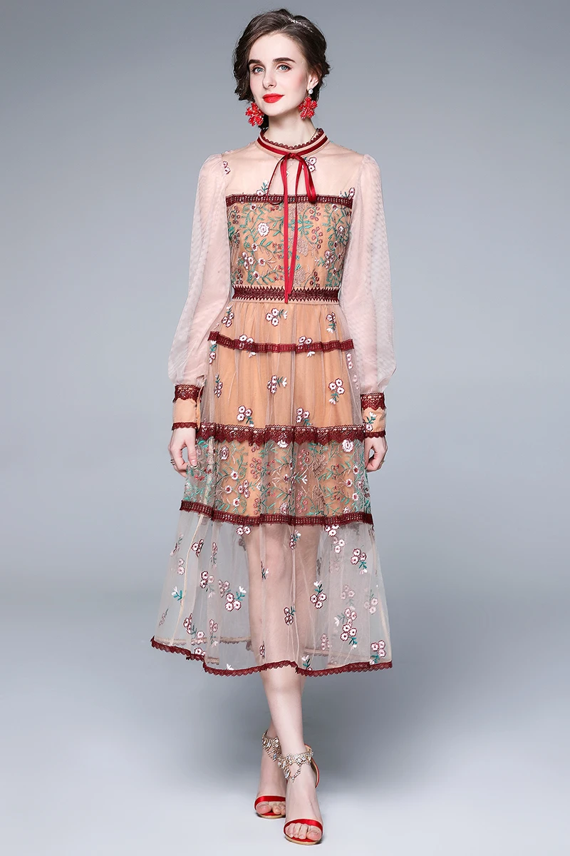 New Fashion Women Spring Lantern Sleeve Mesh Patchwork Embroidery Midi Dress Evening Party Dresses Jurk