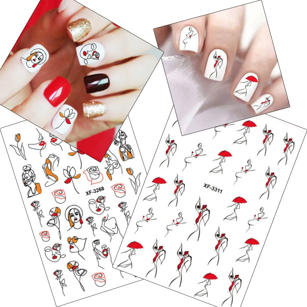 1 шт, абстрактная линия, сексуальная девушка, 3D наклейки для ногтей, красный, классный зонтик, Женский Ретро дизайн, маникюрные обертывания, дизайн ногтей, тату, украшение