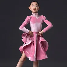 Платье для латинских танцев девушки розовый бархат с длинным рукавом для выступления детская одежда Румба ча Самба Танго одежда DN4831