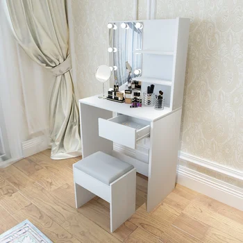

White Modern Make up Dressing Table Set With LED Lighted Mirror & Drawer,Stool Furniture