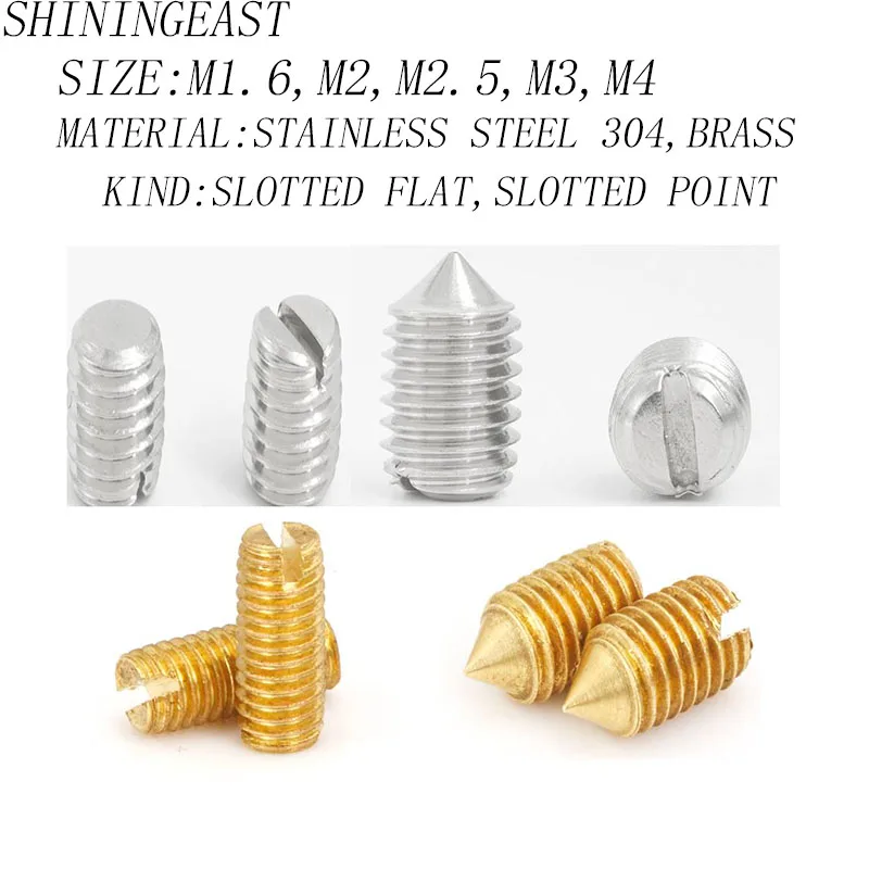 

20pcs/lotM1.6M2M2.5M3M4stainless steel 304 brass copper slotted flat slotted point small none head set screw grub screw1110