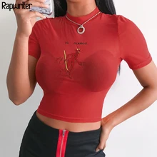 Rapwriter Sexy Transparent Slim Red Cropped Mesh T-shirt Women Fashion Embroidery Cartoon t shirt Summer tshirt O-neck Devil Top
