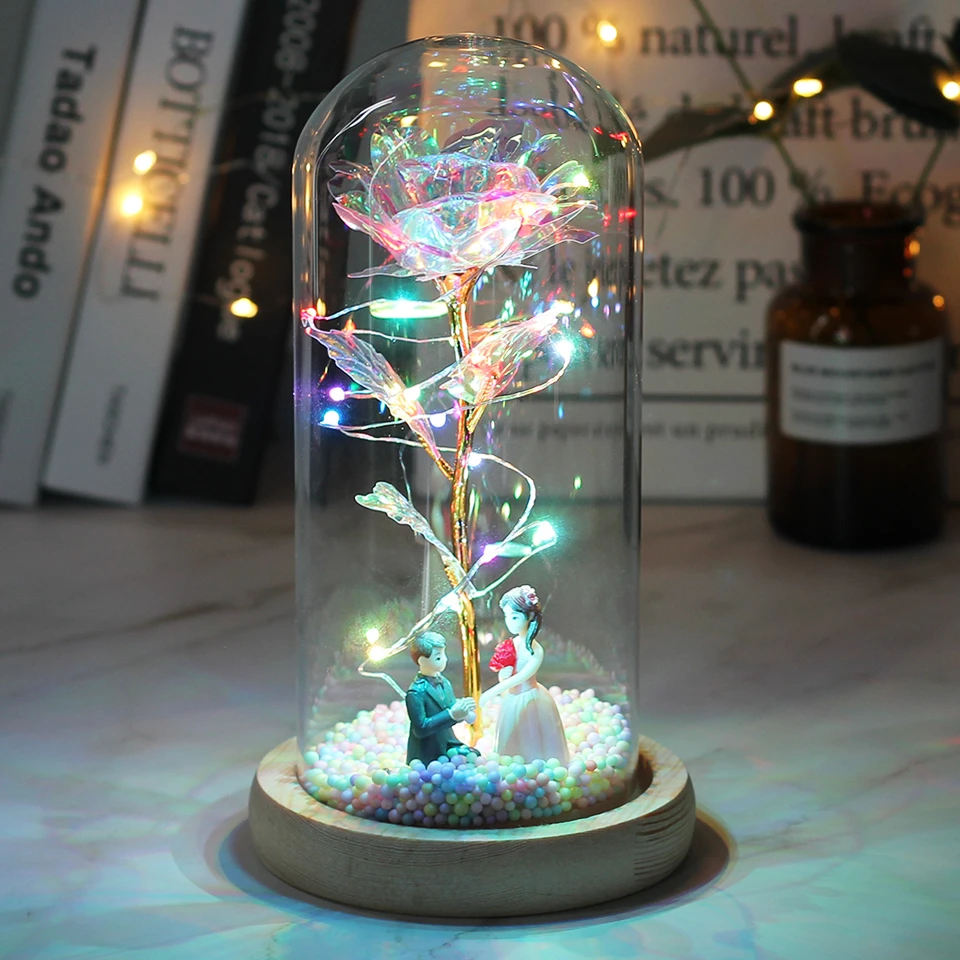 2020 LED, Rosa encantada, flor de lámina de oro de 24K eterna con cadena de luces de hadas en la cúpula para regalo de Navidad y Día de San Valentín - Imagen 2