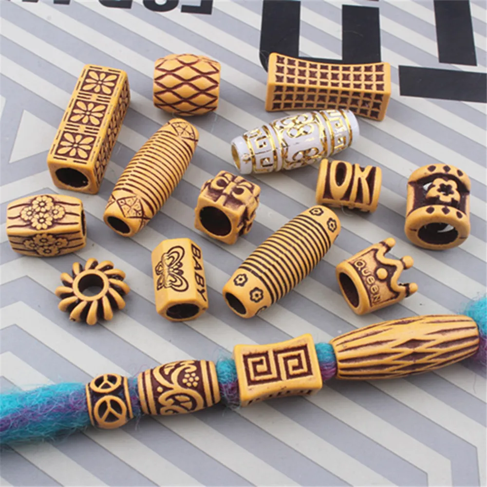 10Pcs Hair Jewelry Braid Rings Decoration Pendants Dreadlocks Beads Cuffs Rings Imitation Wood Plastic Beading Accessories