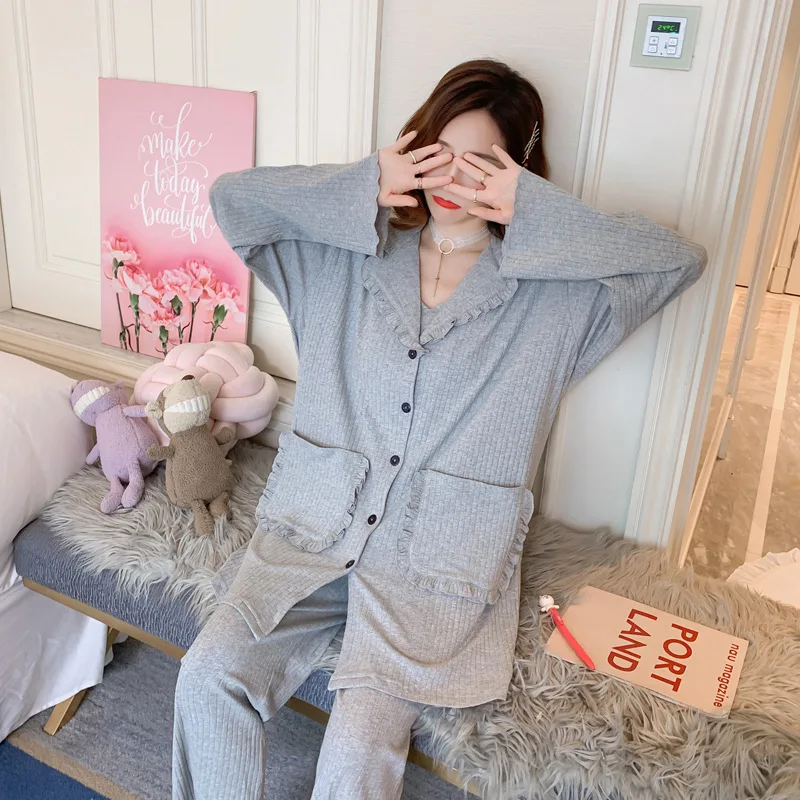 

Lace-up Pure Cotton Stripe Pajamas Women's Autumn & Winter Three-piece Set Korean-style Long Sleeve Camisole Cotton Large Size H