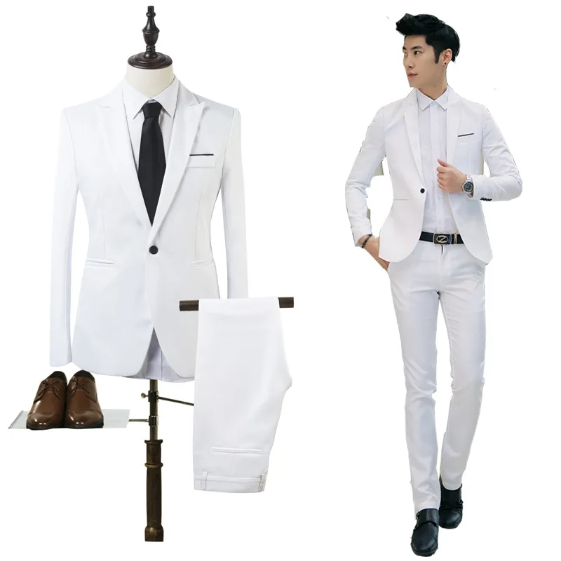 Men 'S Fashion Wedding Suits Prom Piece Groom Tuxedos Groomsmen Suit 2 Wholesale Supply Suit Set Men's Leisure - Цвет: Белый