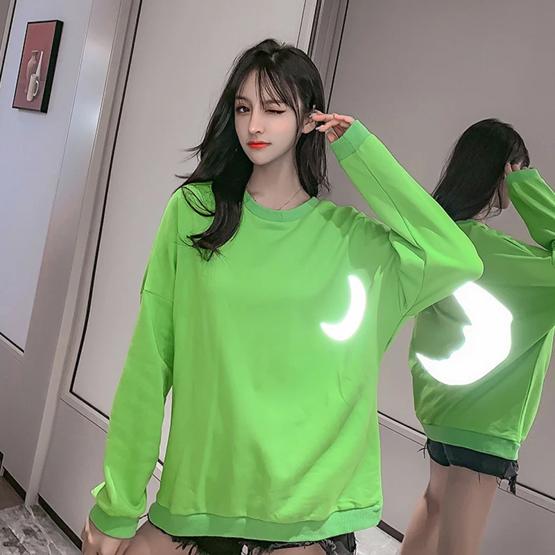 

Fashion Green O-neck Harajuku Sweatshirt Women Autumn and Winter Casual Long-sleeved Loose Pullover Simple Street Hip-hop Top