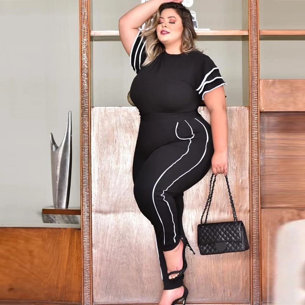 Conjunto de ropa de talla grande para mujer, conjunto de 2 piezas de manga corta con estampado a rayas, moda de oficina, trajes con volantes grandes para mujer D30