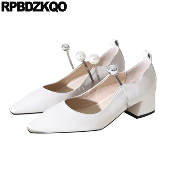 

medium heels designer women luxury 2019 shoes block pumps beige genuine leather high quality pearl pointed toe size 4 34 slip on