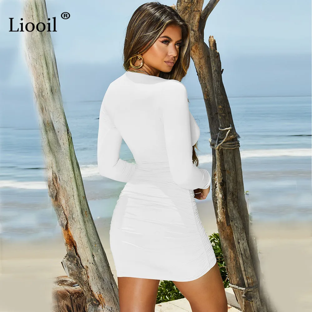 Liooil/сексуальное облегающее мини-платье с рюшами, Осень-зима, длинные рукава, глубокий v-образный вырез, на шнуровке, вечерние платья для ночного клуба, черные, белые