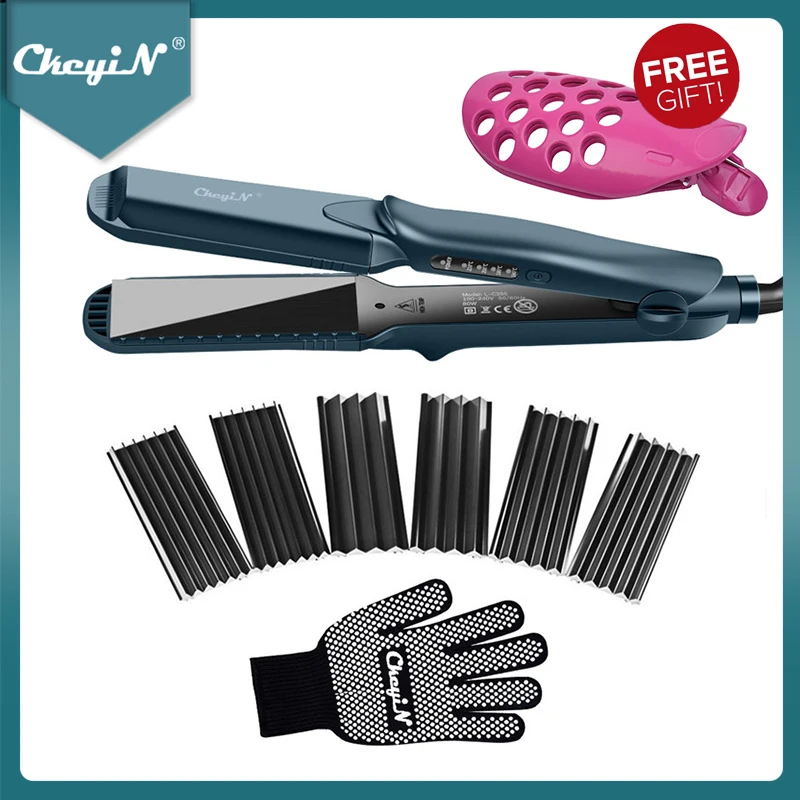 CkeyiN 4 In 1 Hair Curling Iron Hair Crimper Straightener Waver Crimping Irons Flat Iron Interchangeable Corrugated Plate Styler