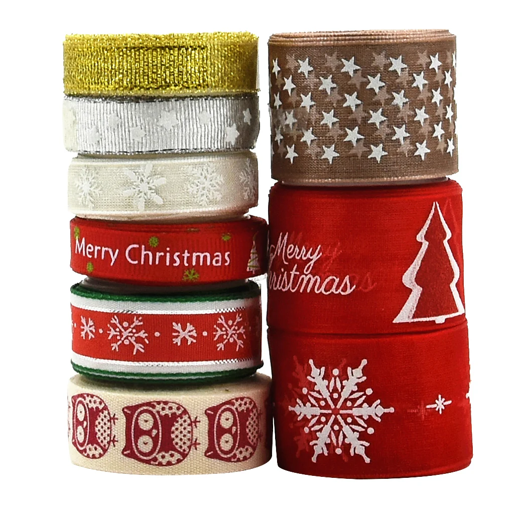 9Pcs Mixed Christmas Ribbons - Wired Satin Ribbons for Craft Projects, DIY, Decoration, Gift Wrap, 2 Yards/Roll 