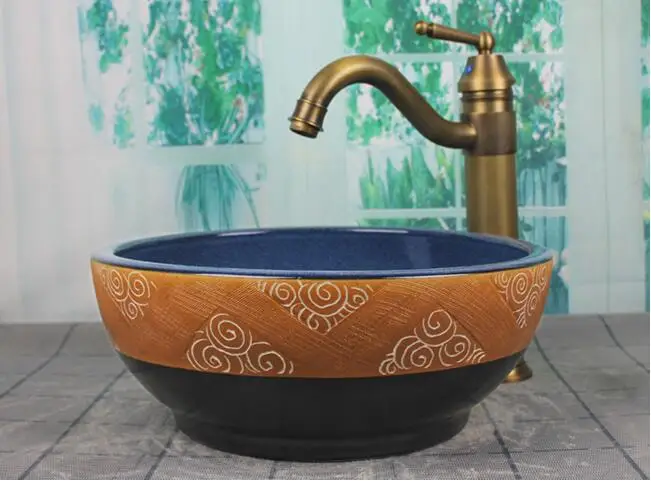 

Bathroom Round Ceramic Vessel Sink Vanity Artistic Basin with Pop up Drain Combo AB263