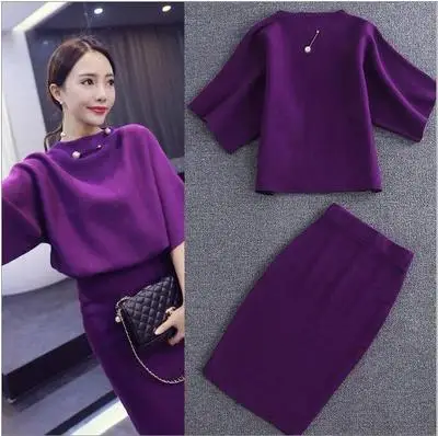 2 2019new ladies elegant suit two-piece skirt female bat sleeve knit long autumn small fragrance wind hip skirt Knitwear loose top - Цвет: 2
