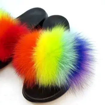 

Slippers Elegant Sexy Fur Fox Female EVA Flat Bottom Home Shoes Bedroom Floor Mute Sandals Fluffy Plush Furry Flip-flops