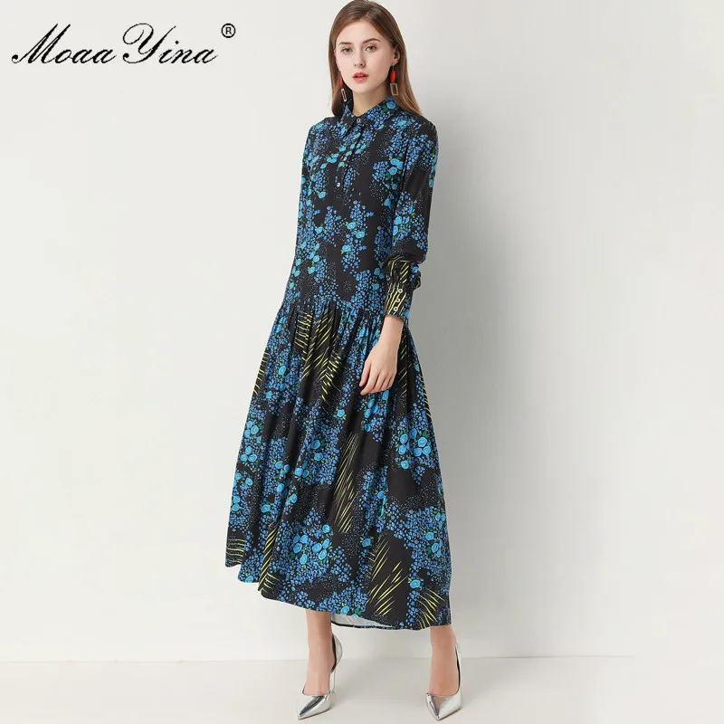 

MoaaYina Fashion Designer dress Spring Autumn Women's Dress Long sleeve Blue Floral-Print Dovetail Dresses
