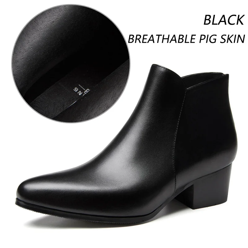 Men Ankle Boots Genuine Leather Men Boots Fashion High Heels Chelsea Boots Black Comfortable Men Footwear Size 36-47 - Цвет: Черный