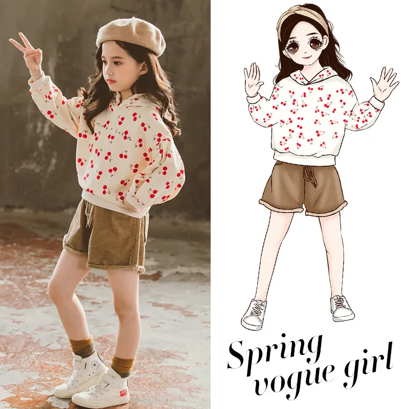 

Korean Cute Girl Spring Clothes Set Cherry Long-sleeved Hooded Sweatshirt Shorts Set Baby Girl Two-piece for Girls Clothing 8 12
