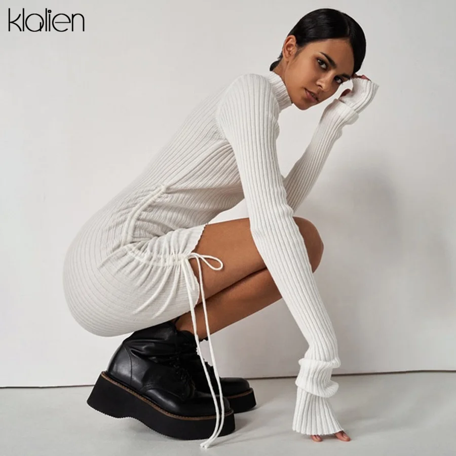 KLALIEN Autumn New Sweater Dress Women Long Sleeve Turtleneck Knit Solid Slim Drawstring Bodycon Dress Thicken Warm Streetwear homecoming dresses