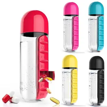 

New Portable 600ML Water Bottle Pill Box 2 in 1 Outdoor Travel Water Bottle Medicine Cup Plastic Bottles