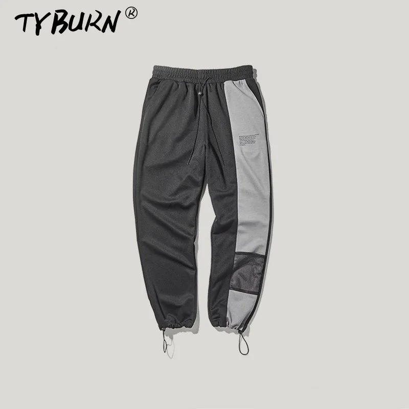 TYBURN мужские тонкие уличные брюки контрастная Лоскутная строчка Drawstring Beam Foot мужские повседневные спортивные брюки - Цвет: Черный