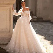 

Champagne Boho Wedding Dresses 2022 Puffy Long Sleeve Bride Dress Lace Boning Vintage Wedding Gowns Vestido de Noiva Princesa