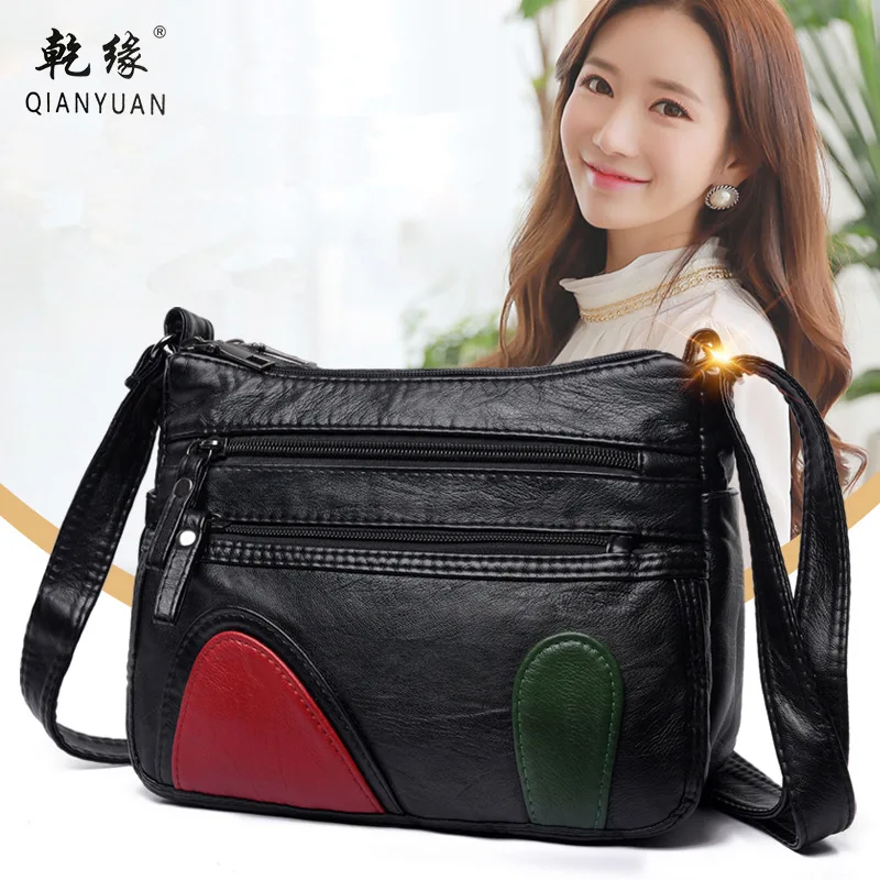 

Contrast Color Soft Leather Shoulder Square Sling Bag 2019 New Style WOMEN'S Bag Washed Leather Shoulder Bag Market Stall Large