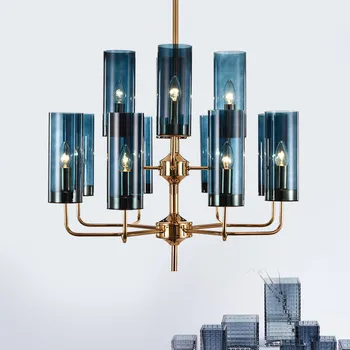 

French country decor chandelier lighting For Dining room Bedroom foyer chandelier Blue Glass Cognac lamp shades Chandelier