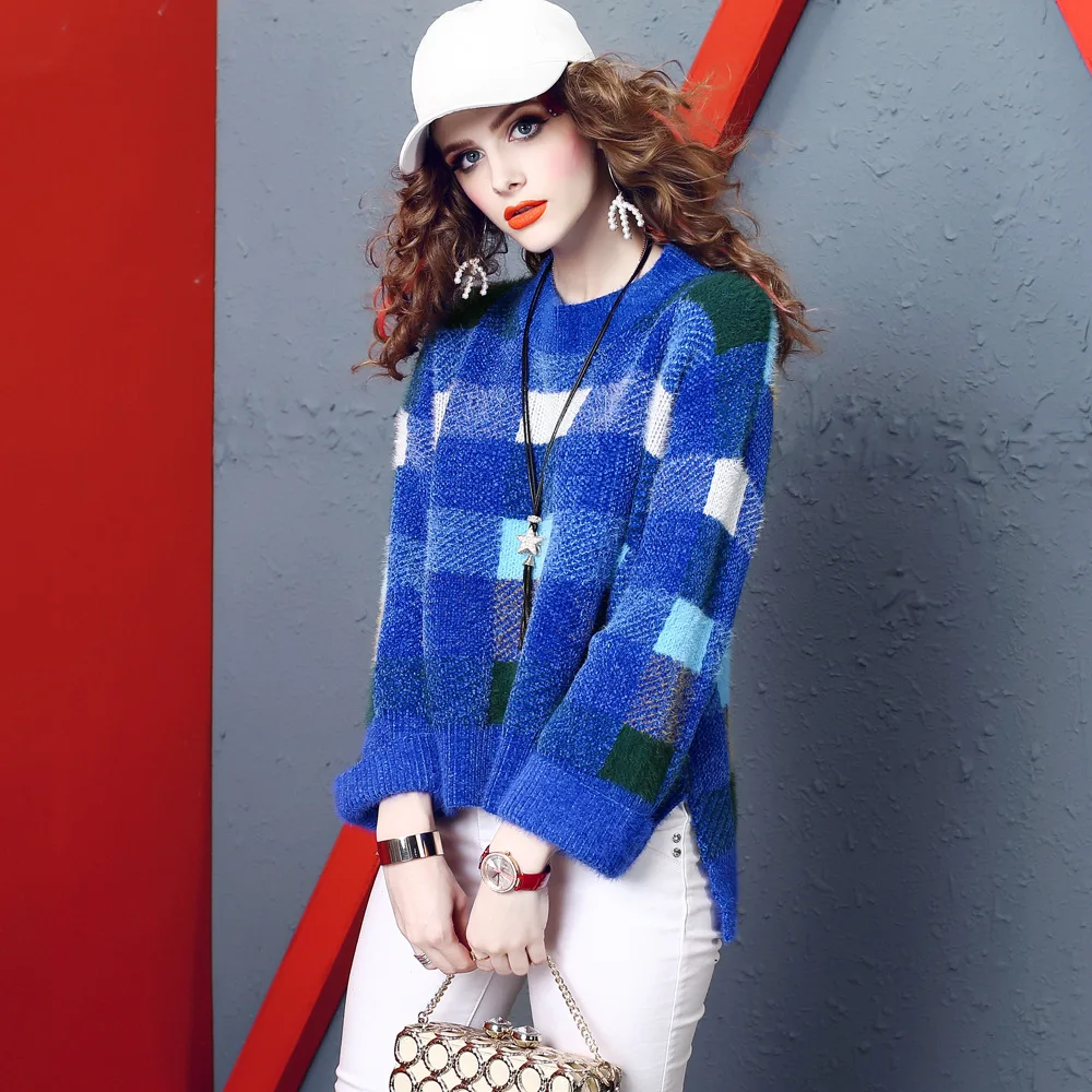 

Loose Plaid Long Sleeve Knitted Sweaters Women Elegant Office Casual Fashion Street Sweater Spring Autumn Winter Tops Clothing