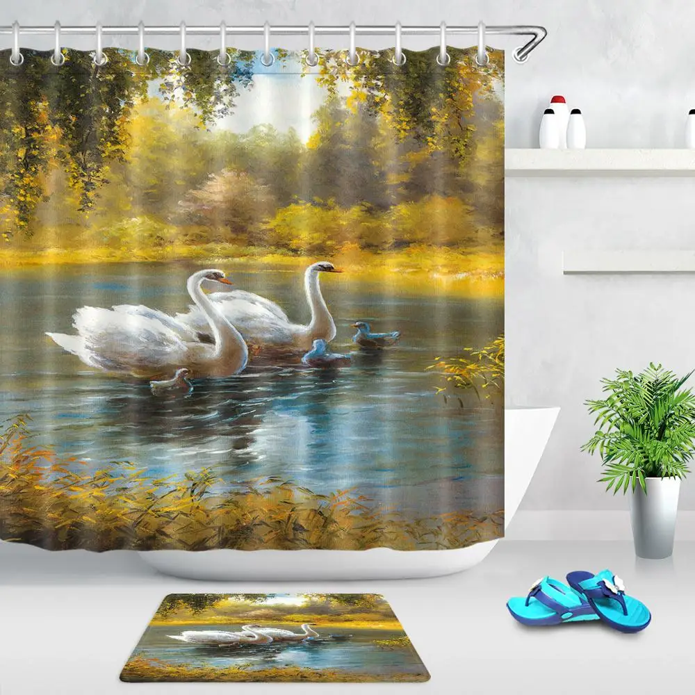 Forest Lake Swan Waterproof Shower Curtain Animal Bird Oil Painting
