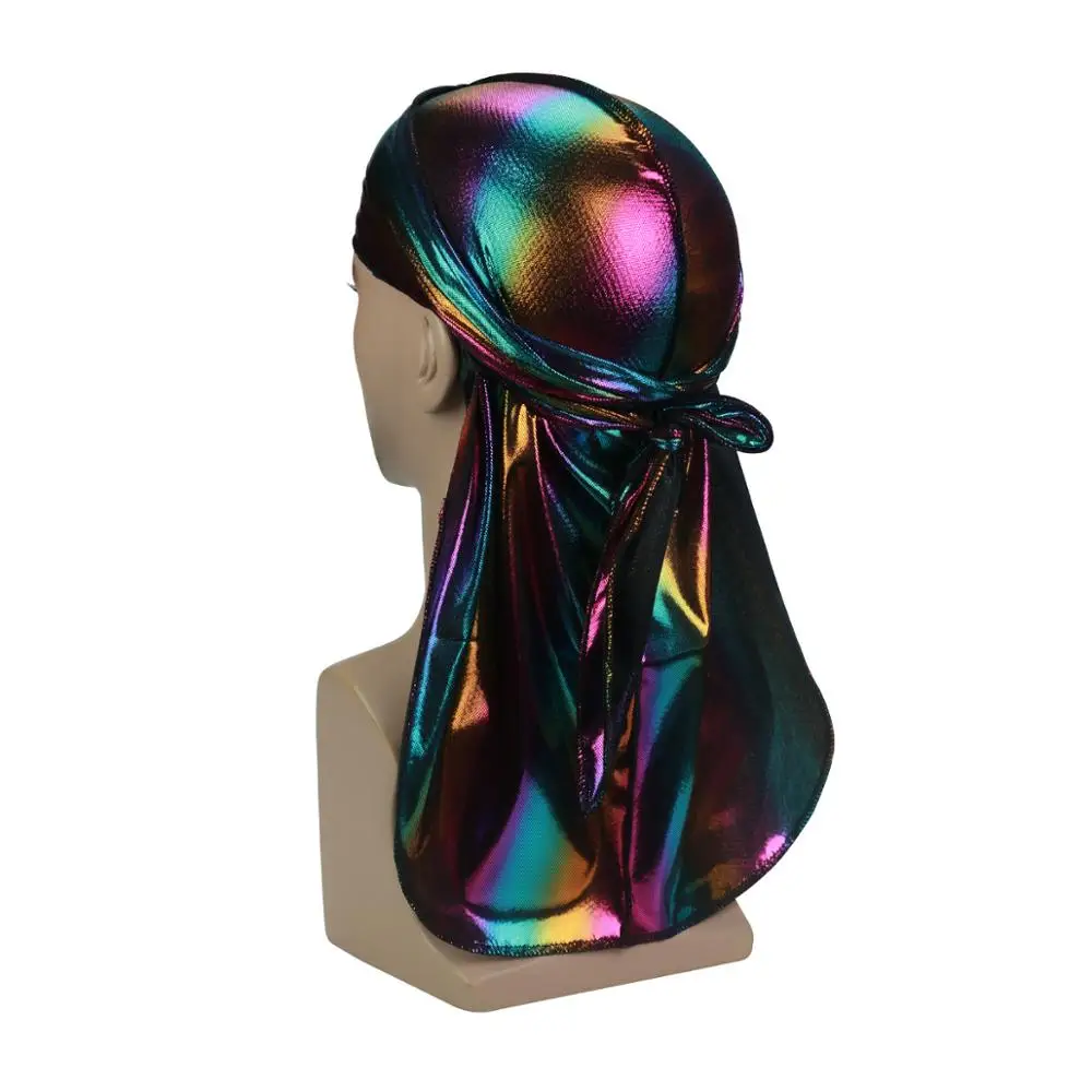 Durag Wave-قبعات ملونة للرجال ، عمامة حريرية متلألئة ، قبعة هيب هوب ، باندانا ، ذيل طويل ، قبعات قرصان
