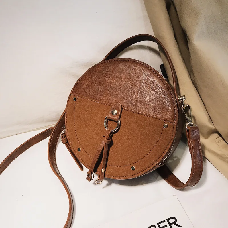 Стиль модная полированная маленькая круглая сумка в стиле ретро сумка-мессенджер кошельки и сумки - Цвет: Коричневый