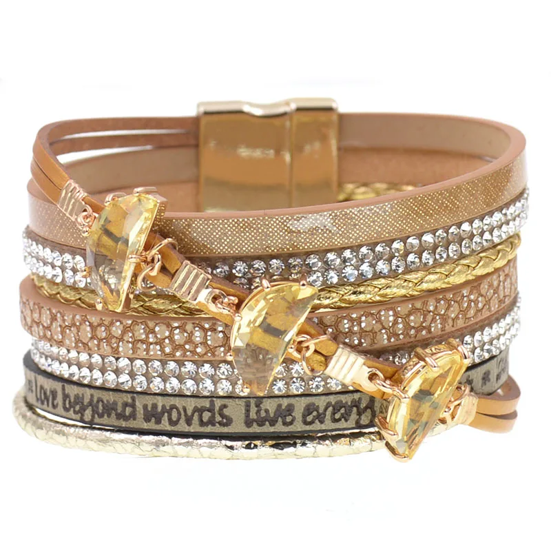 Leather Bracelet women Trendy glass Rhinestone Crystal Femme charm Bracelets & Bangles wrap bracelets For Women Jewelry