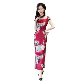 

Shanghai Story 2020 Faux Silk Short Sleeve Chinese Traditional Dress Flower Print Cheongsam Long Qipao 2 Color