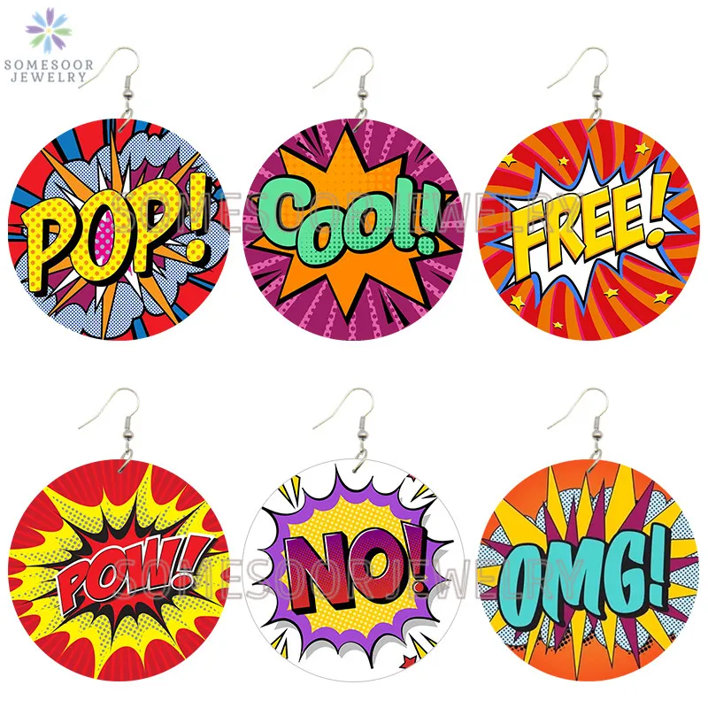 Somesoor Omg Wow Free Bubble Comics Pop Orecchini Pendenti In Legno Boths Lati Stampati Cartoni Animati Disegni Loop Gioielli Per Le Donne Regali