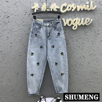 

Cartoon Embroidered Jeans Women 2020 Summer New High Waist Slim Loose Denim Pants Casual Students Harem Pants