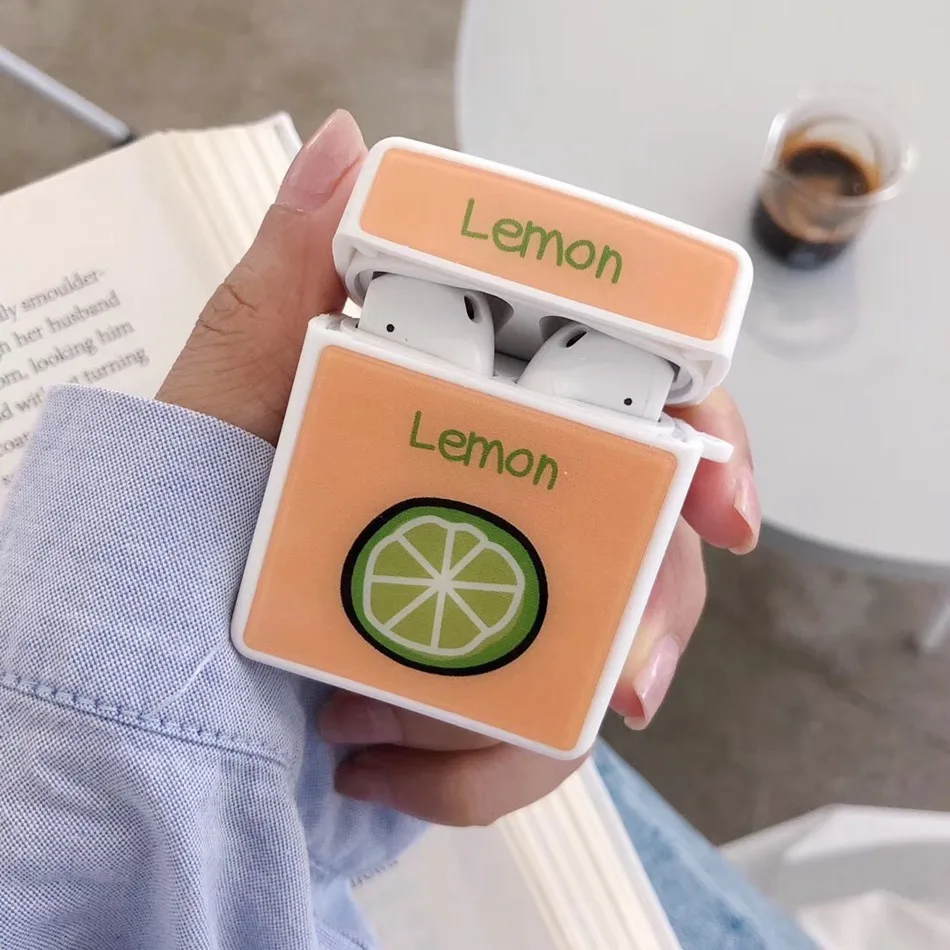 Lemon Чехол для AirPods с милым цветком, медведем, уткой, фруктами, слоном, чехол для наушников для Apple Airpods 2, глянцевая крышка, крючок карабина - Цвет: Lemon