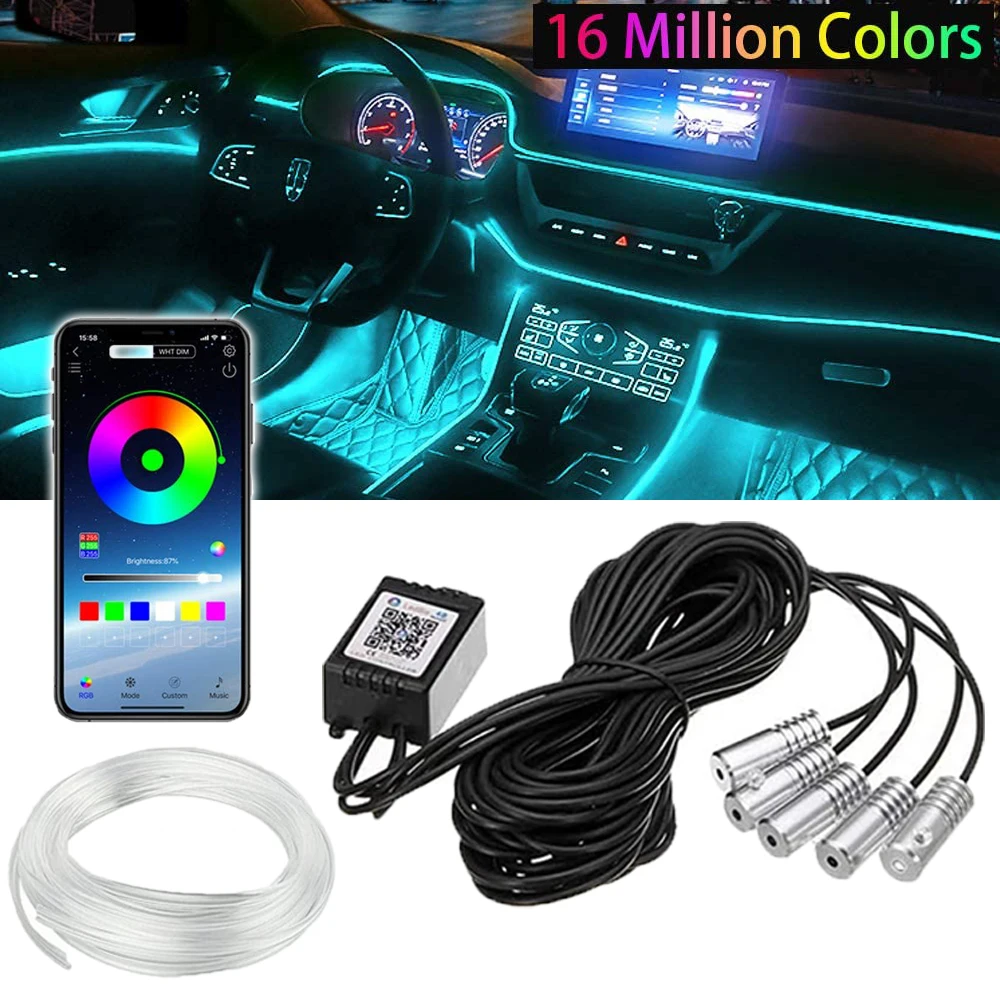 

5 in 1 LED Strip Light Atmosphere Multicolor RGB Car Interior Ambient Decor Lamp Bulb Fiber Optic App Control Kit