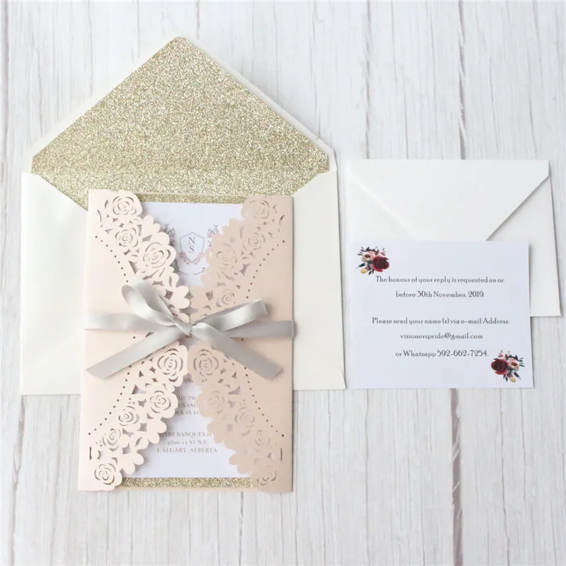 

Elegant wedding invitations marriage save the day glitter lining lace gift card customized printing insert RSVP