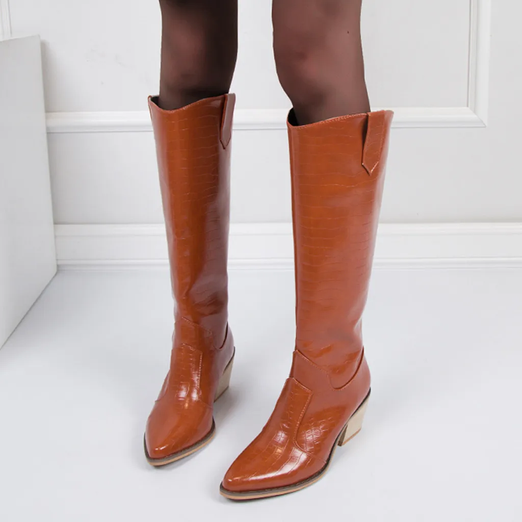 Bottes Chelsea En Cuir A Motif D Alligator Pour Femmes Chaussures Longues Tubulaires A Mollet Large Hautes Elegantes A Talons Hauts Pointues Hiver Aliexpress