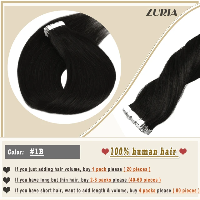 ZURIA Mini Tape In Hair Extensions Machine Remy Natural Hair Extensions Human Hair Straight 20 Inchs Seamless Adhesive Skin Weft #1B