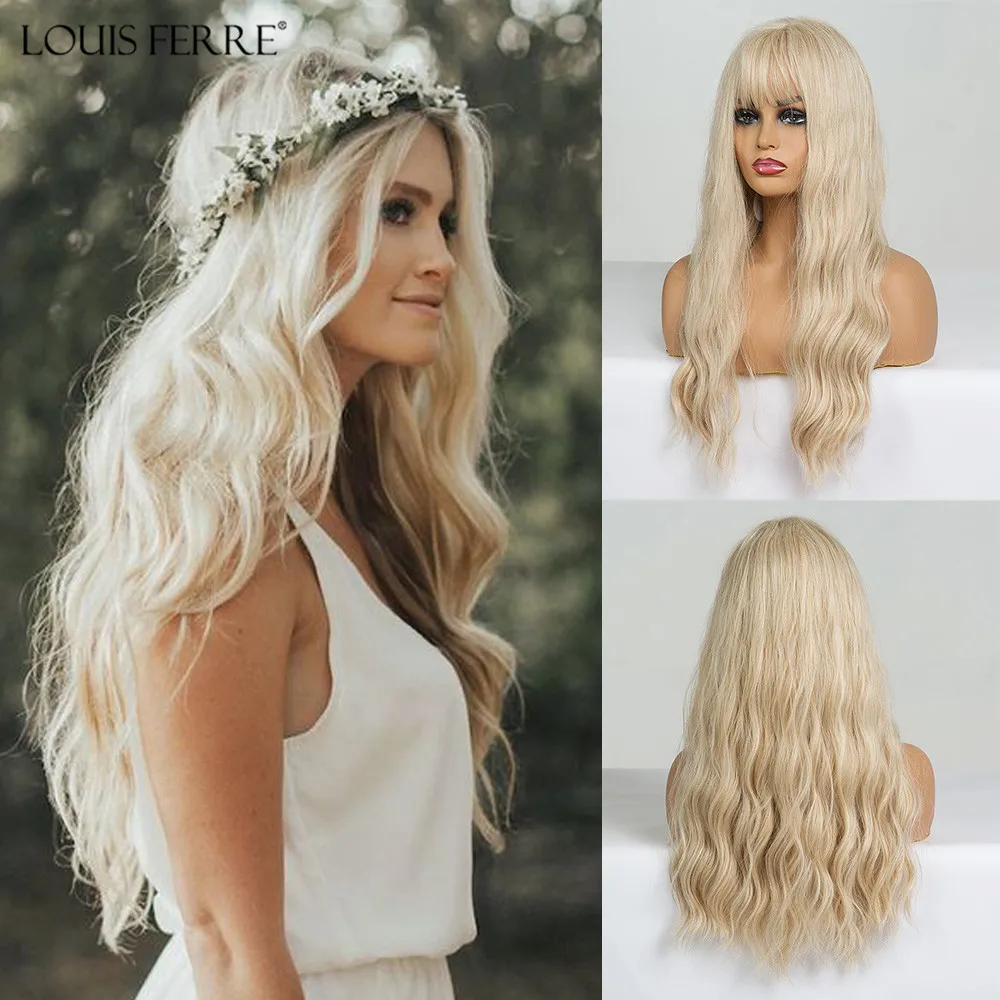 

LOUIS FERRE Long Wavy Light Blonde Wigs with Bangs Synthetic Wigs for Women Afro Heat Resistant Hair Daily Party False Hair