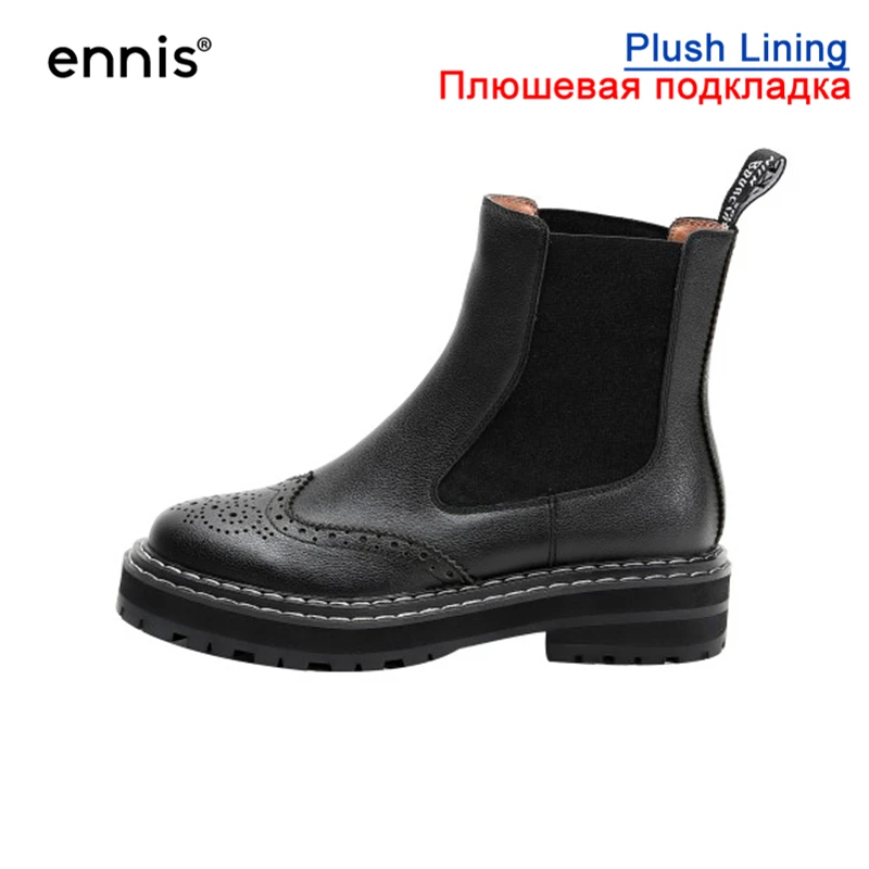 Black Plush Inside ENNIS/брендовые зимние ботинки; женские ботинки из натуральной кожи; женские ботильоны на плоской подошве; осенние ботинки с перфорацией типа «броги» на платформе без застежки; Цвет Красный; Новинка; A9237 - Цвет: Black Plush Inside