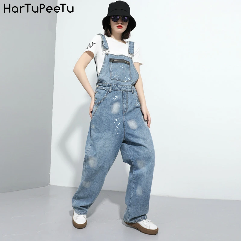 

Plus Long Jeans Overalls Women Blue Denim Wide Leg Bib Pants Plus Size Loose Zipper Decorate Bleached Baggy Suspender Trousers