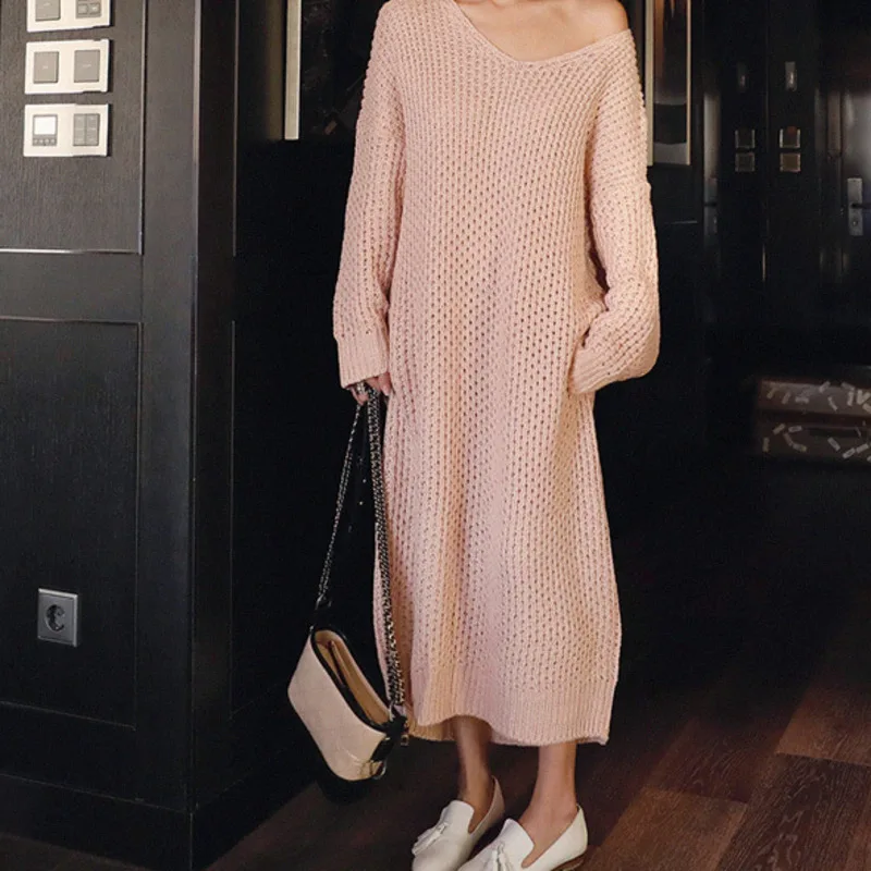 LANMREM Apricot V-neck Long-sleeved Openwork Knit