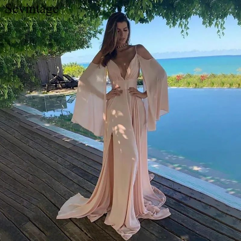 

Sevintage Sexy Deep V Neck Chiffon Prom Dresses Spaghetti Strap Slit Side Evening Dress Formal Party Gowns vestido formatura
