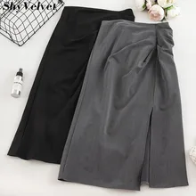 Асимметричная длинная юбка с разрезом спереди, эластичная юбка с высокой талией, осенняя Женская прямая юбка, винтажная однотонная плиссированная юбка из органической кожи серого цвета