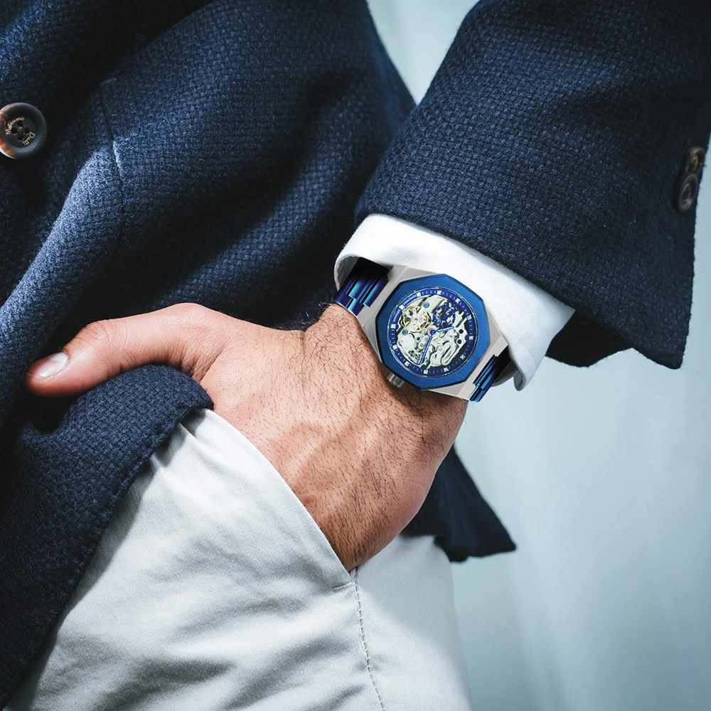 3D フルスケルトン 自動巻き 機械式 メンズ 新品 腕時計 ブルー ゴールド