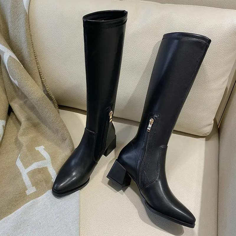 

2021 Fashion Pointed Toe Women Boots Autumn College Style Comfy Square Heel Lady Shoes Black Beige Color Knee High Women Shoes