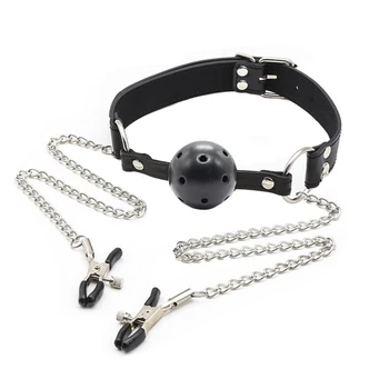 Sexy Toys PU Leather Mouth Gag Ball Oral Sex With Chain Nipple Clip Fetish Bondage Nipple Clamps Erotic Sex Adult Toy 4